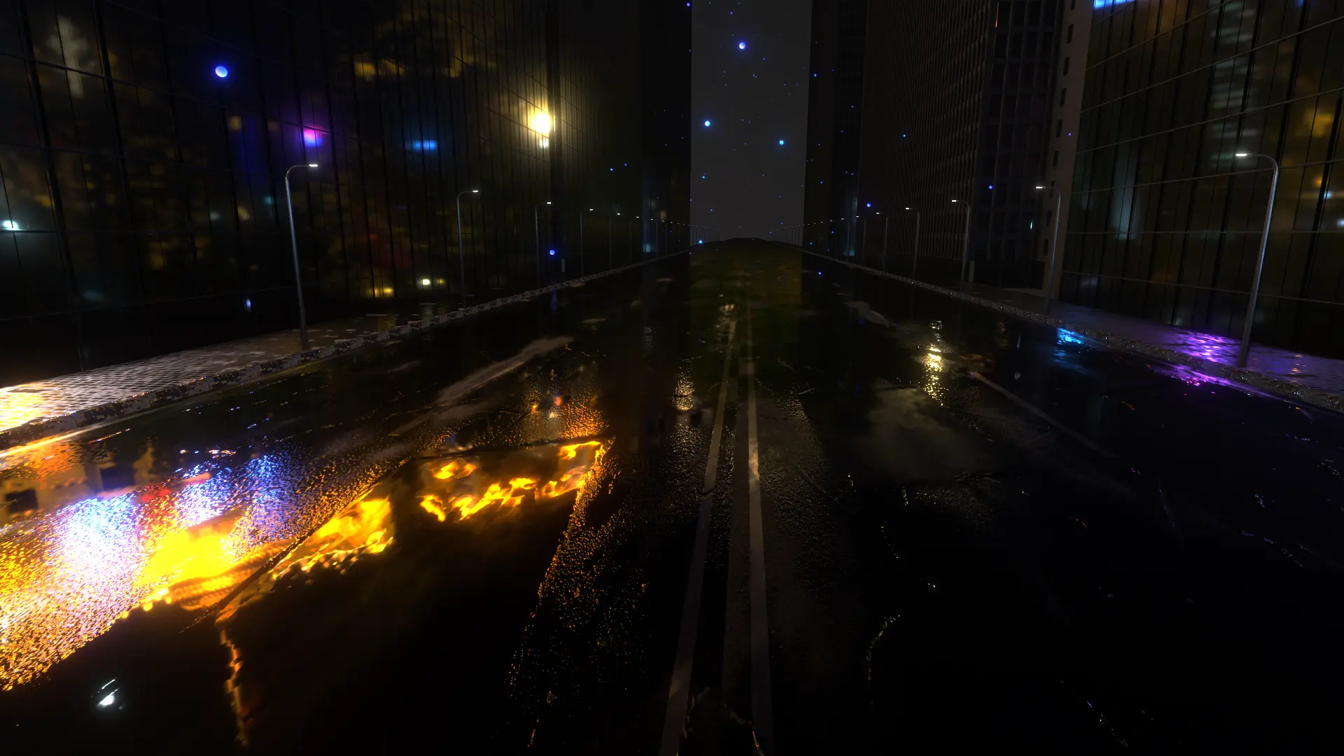 夜の濡れた街 フォトリアル3DCG